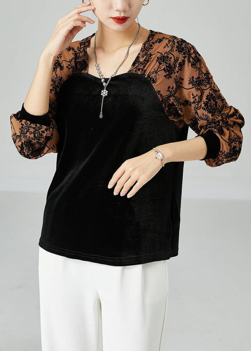 Black Square Collar Patchwork Jacquard Silk Velour Shirt Top Spring