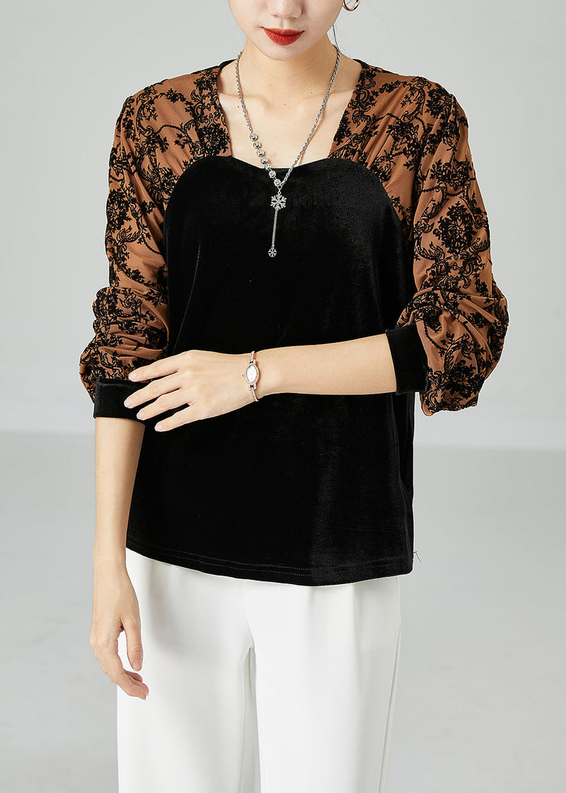 Black Square Collar Patchwork Jacquard Silk Velour Shirt Top Spring