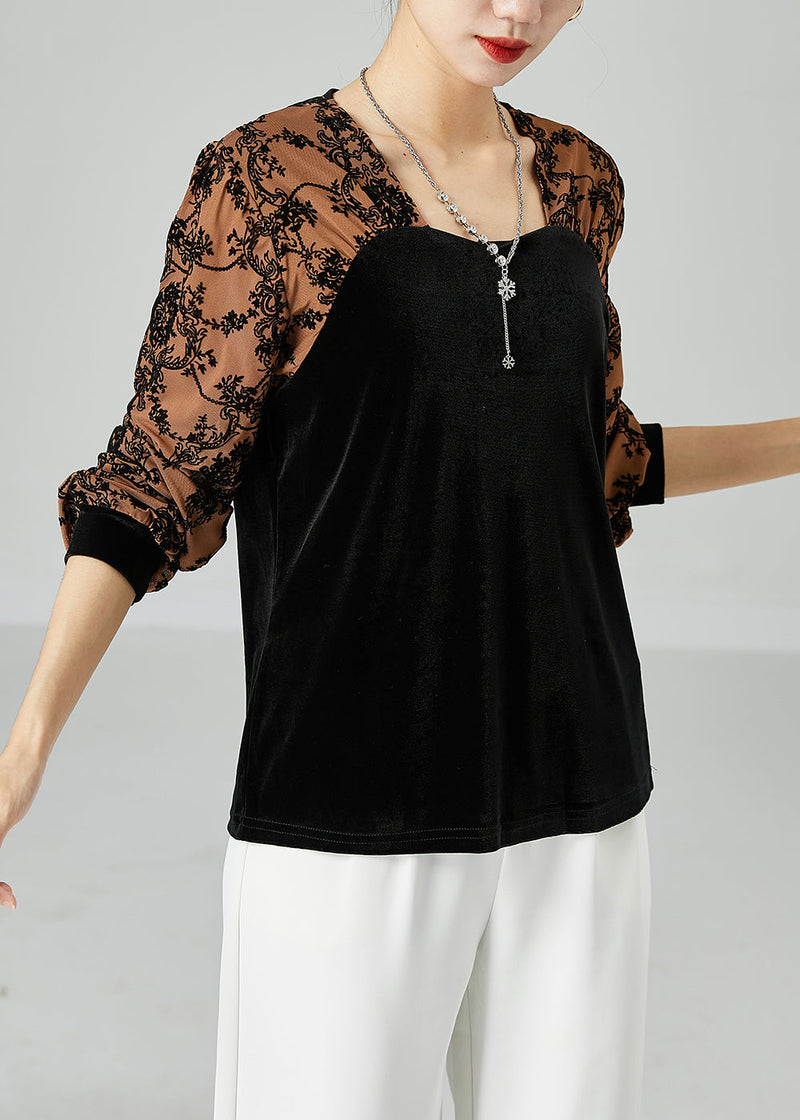 Black Square Collar Patchwork Jacquard Silk Velour Shirt Top Spring