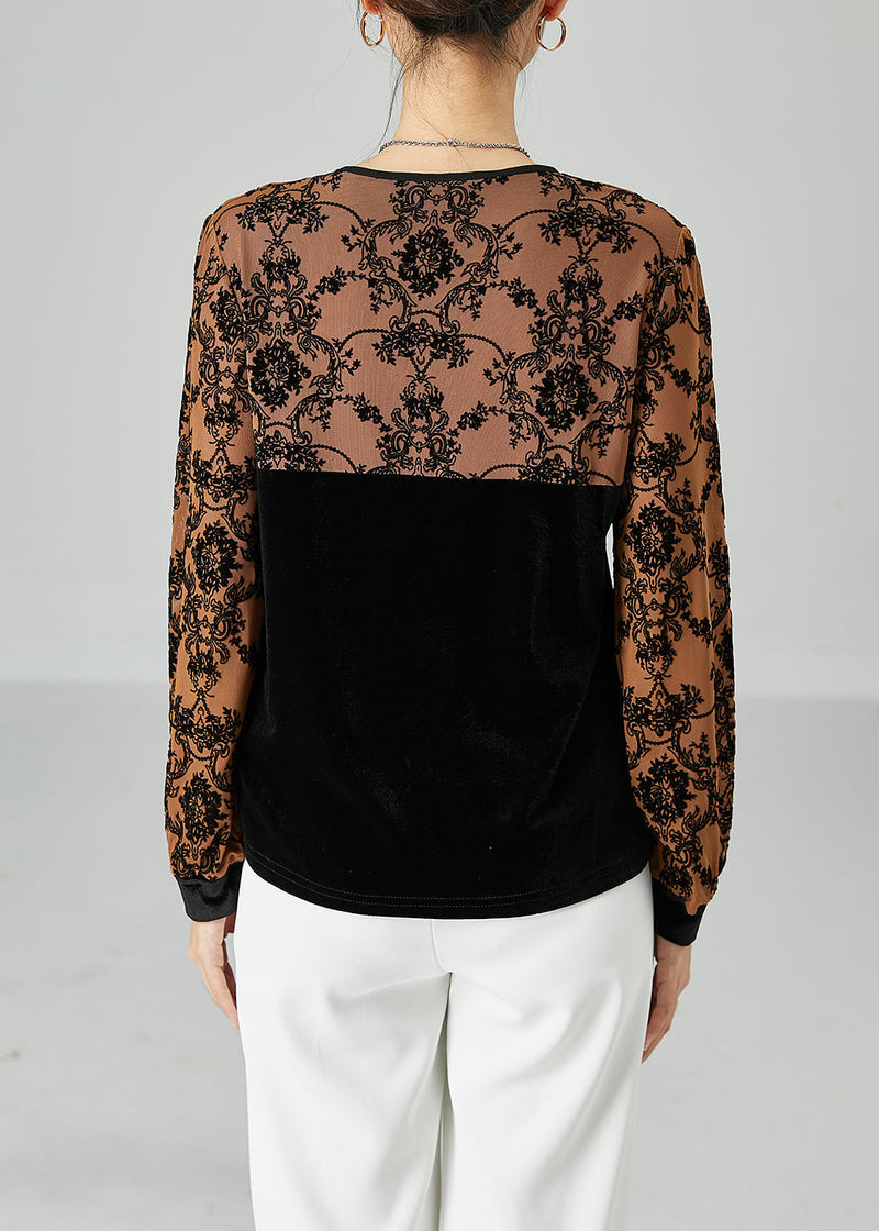 Black Square Collar Patchwork Jacquard Silk Velour Shirt Top Spring