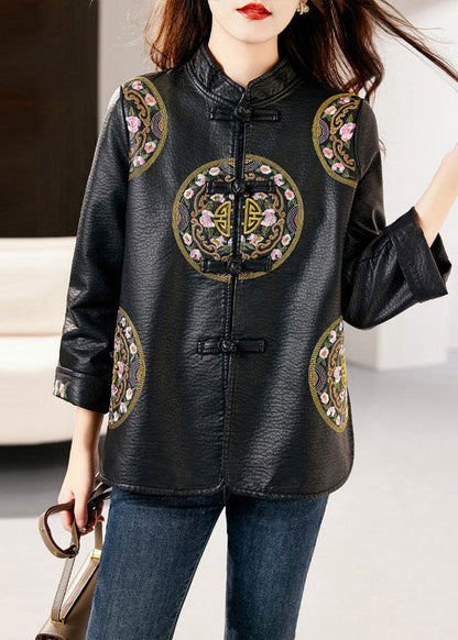 Black Stand Collar Embroidered Button Faux Leather Coats Fall