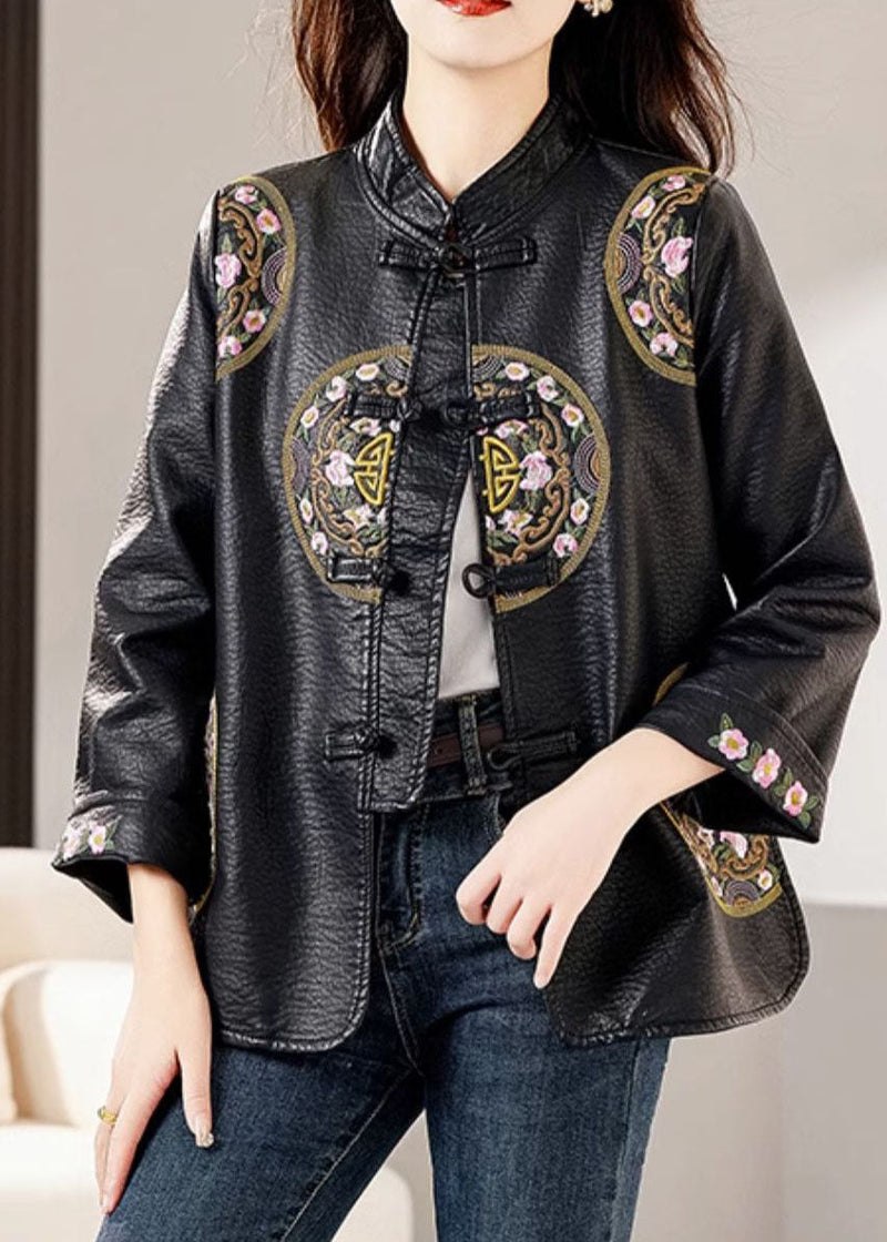 Black Stand Collar Embroidered Button Faux Leather Coats Fall