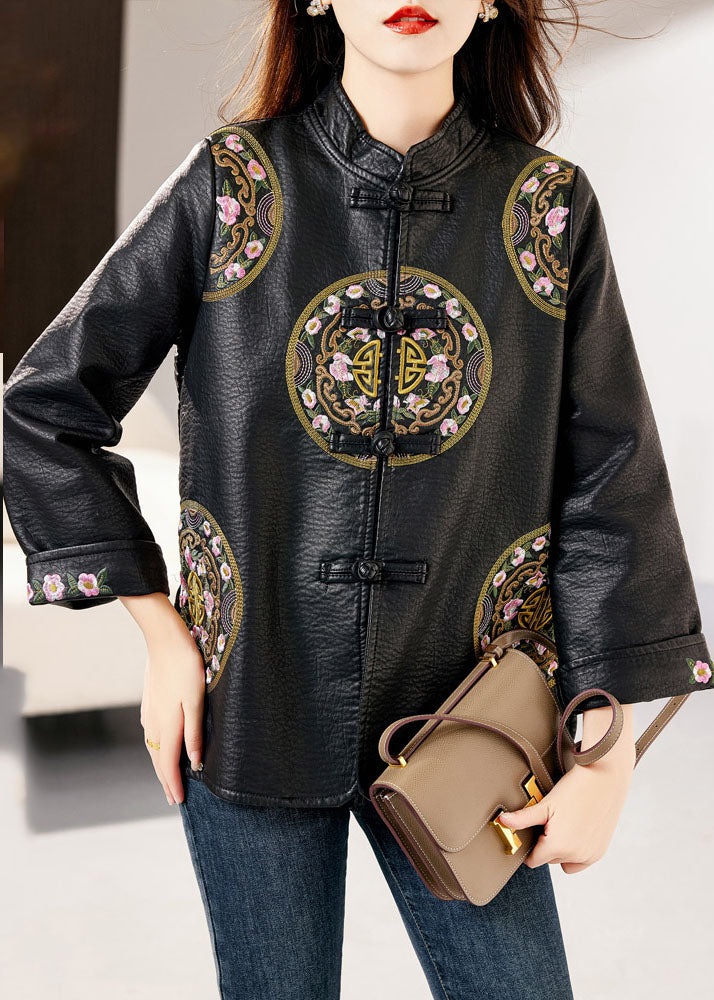 Black Stand Collar Embroidered Button Faux Leather Coats Fall