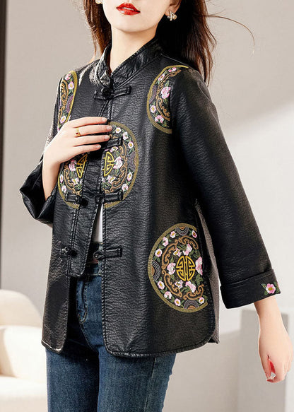 Black Stand Collar Embroidered Button Faux Leather Coats Fall