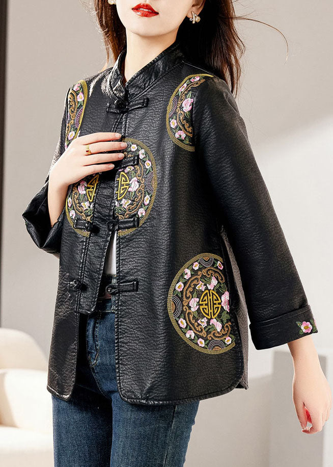 Black Stand Collar Embroidered Button Faux Leather Coats Fall