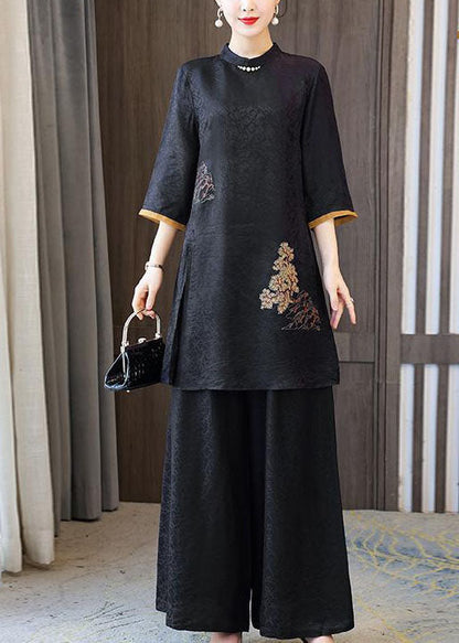 Black Stand Collar Embroideried Silk Tops and Pants Outfit Summer