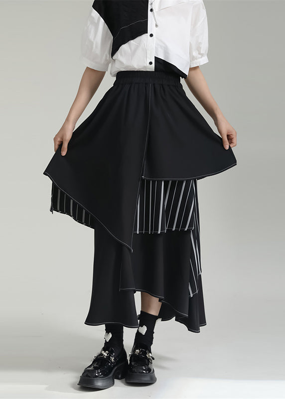 Black Striped Asymmetrical Patchwork Cotton Skirts Summer