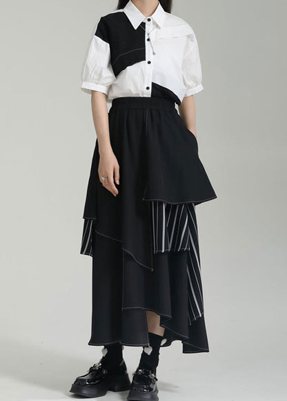 Black Striped Asymmetrical Patchwork Cotton Skirts Summer