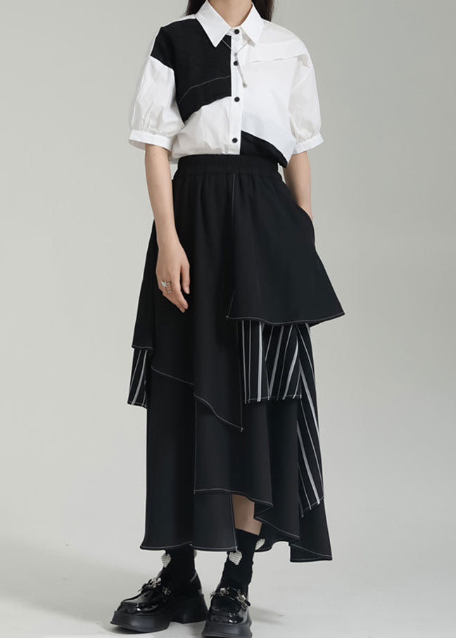 Black Striped Asymmetrical Patchwork Cotton Skirts Summer