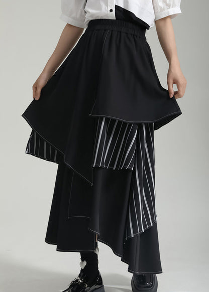 Black Striped Asymmetrical Patchwork Cotton Skirts Summer
