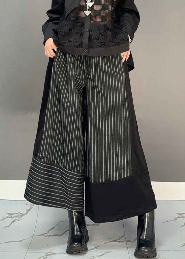 Black Striped Patchwork Elastic Waist Woolen Wide Leg Crop Pants Spring