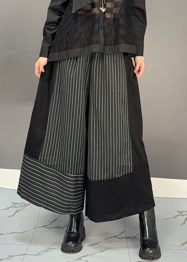 Black Striped Patchwork Elastic Waist Woolen Wide Leg Crop Pants Spring