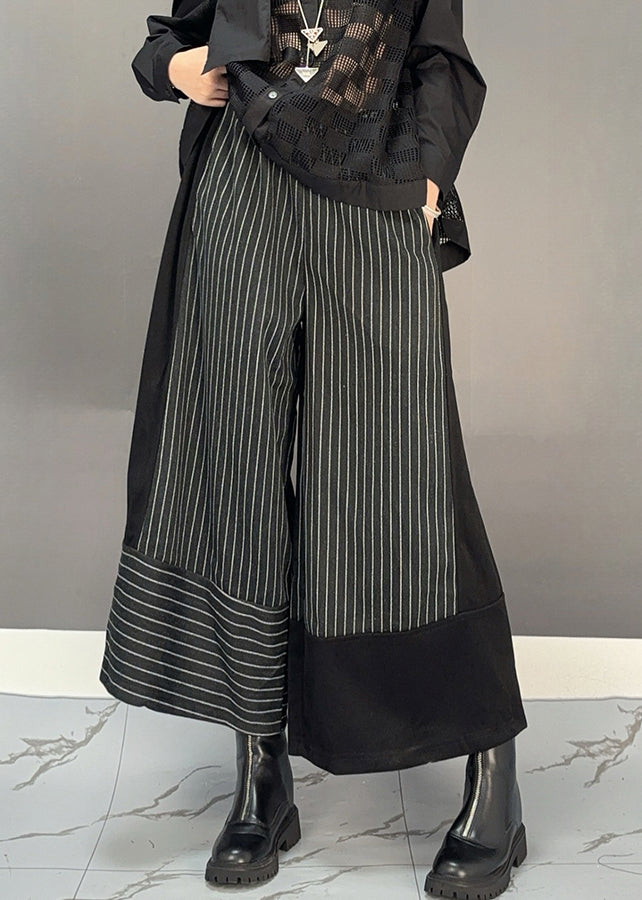 Black Striped Patchwork Elastic Waist Woolen Wide Leg Crop Pants Spring