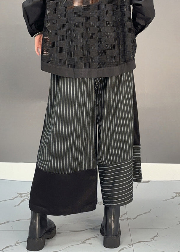 Black Striped Patchwork Elastic Waist Woolen Wide Leg Crop Pants Spring