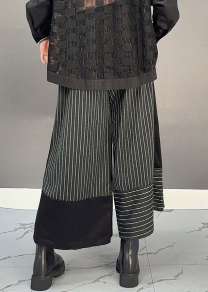 Black Striped Patchwork Elastic Waist Woolen Wide Leg Crop Pants Spring
