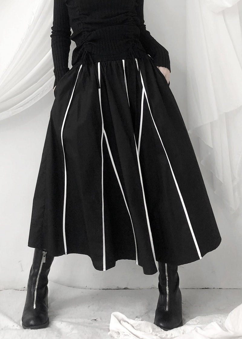 Black Striped Patchwork Pockets Elastic Waist Skirt Fall