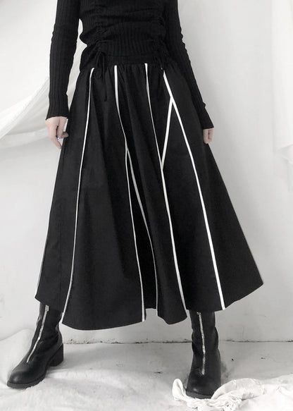 Black Striped Patchwork Pockets Elastic Waist Skirt Fall