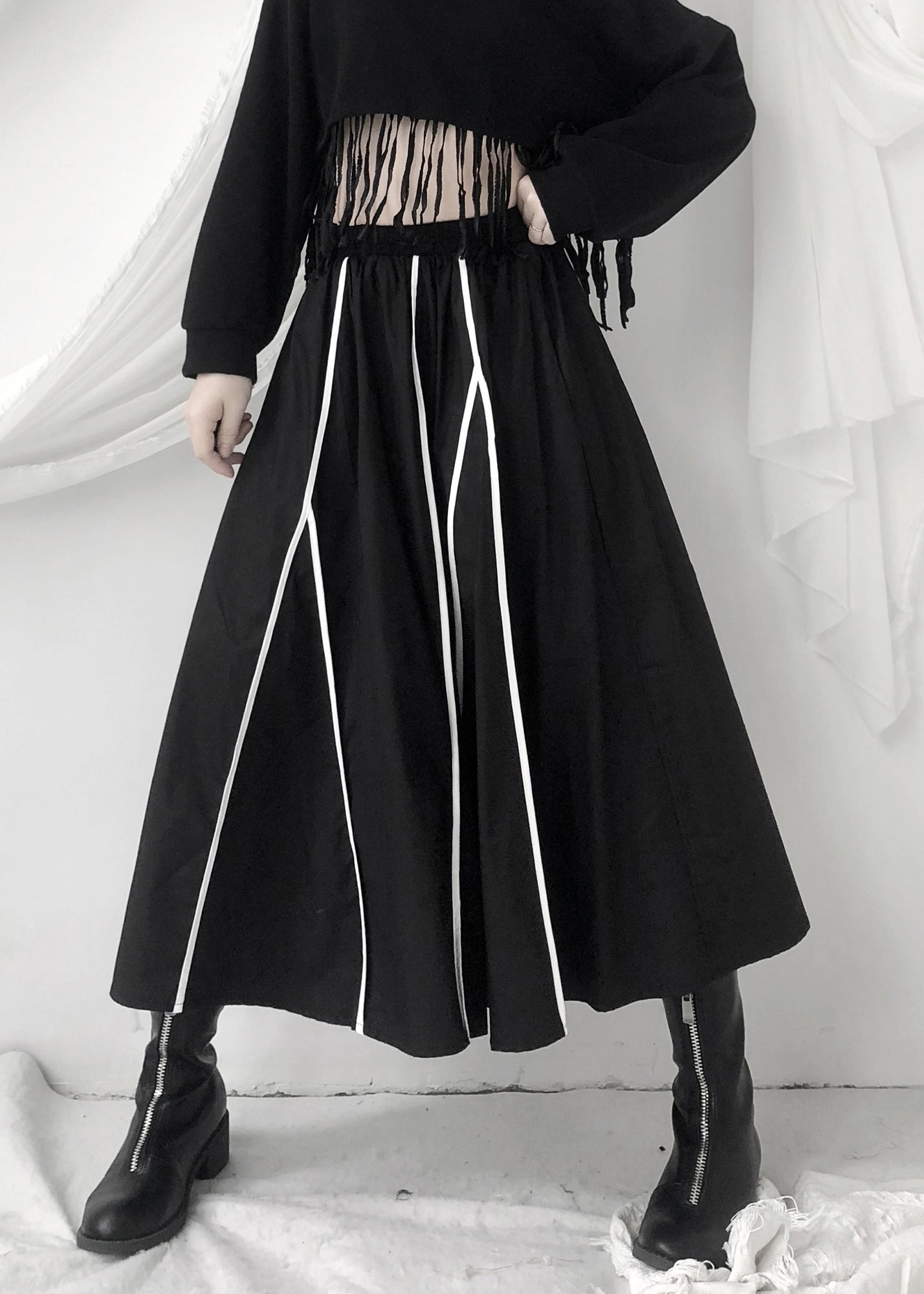 Black Striped Patchwork Pockets Elastic Waist Skirt Fall