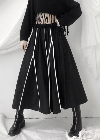 Black Striped Patchwork Pockets Elastic Waist Skirt Fall