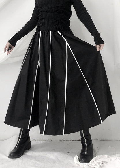 Black Striped Patchwork Pockets Elastic Waist Skirt Fall