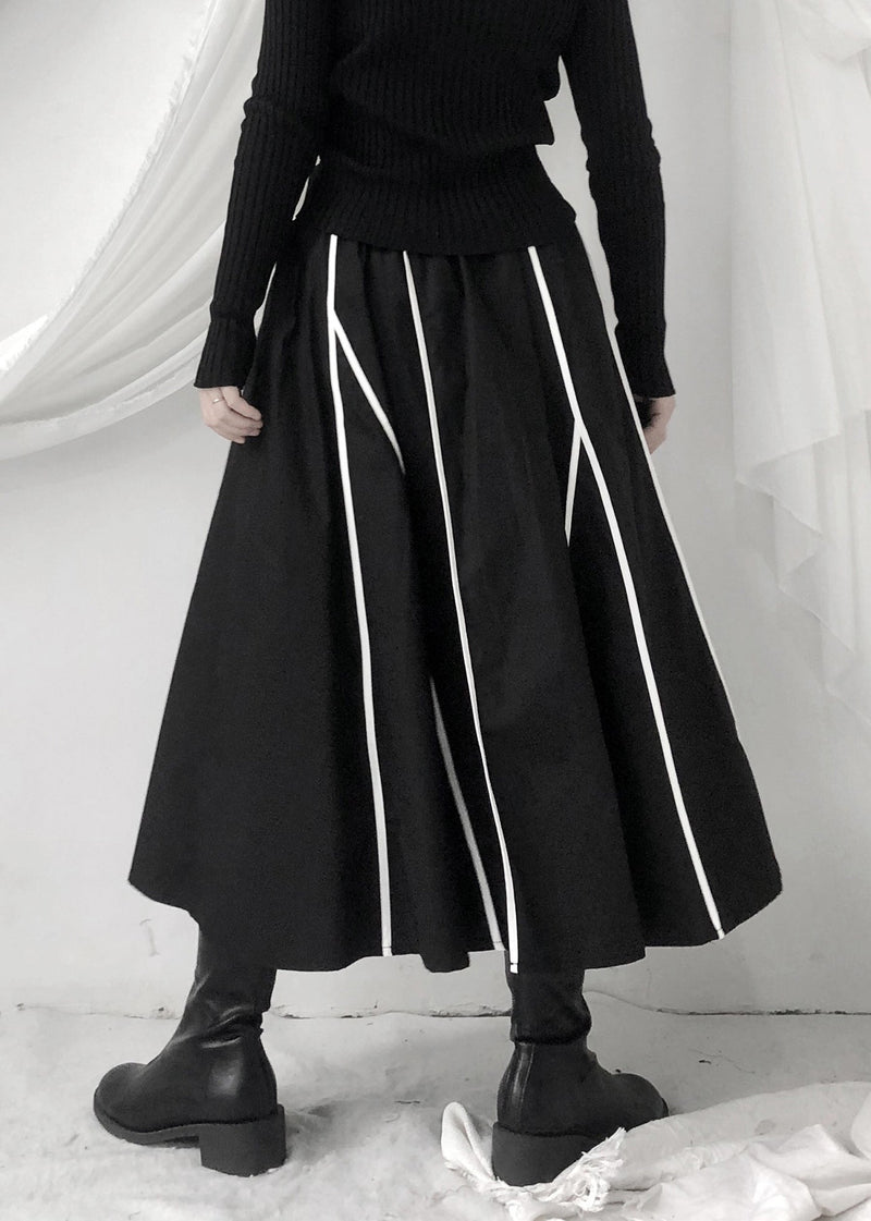 Black Striped Patchwork Pockets Elastic Waist Skirt Fall