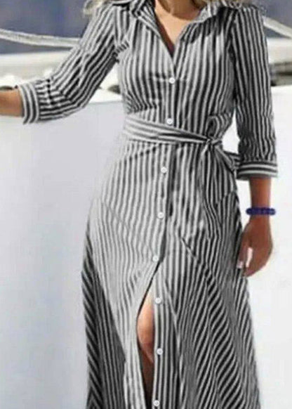 Black Striped Tie Waist Maxi Shirts Dress Three Quarter Sleeve