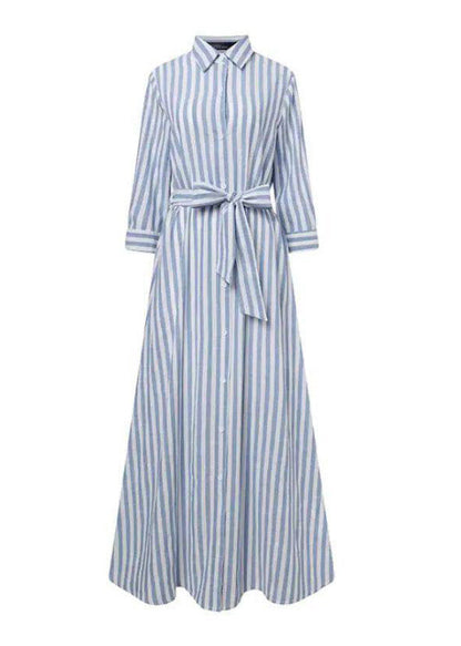 Black Striped Tie Waist Maxi Shirts Dress Three Quarter Sleeve