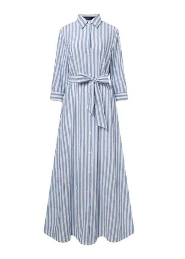Black Striped Tie Waist Maxi Shirts Dress Three Quarter Sleeve