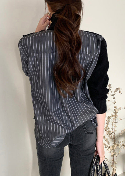 Black Striped Turtleneck Asymmetrical Knit Patchwork Button Shirt Spring