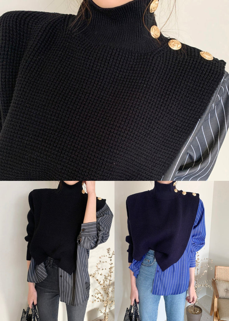 Black Striped Turtleneck Asymmetrical Knit Patchwork Button Shirt Spring