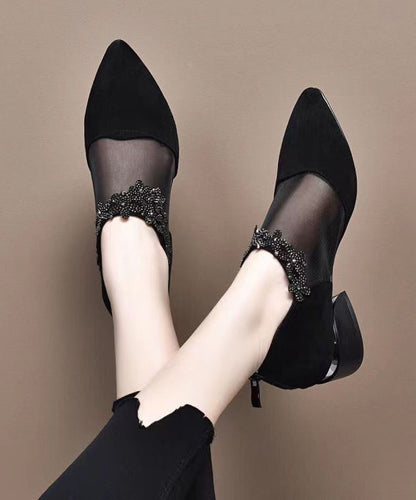 Black Suede Tulle Splicing Zircon High Heels