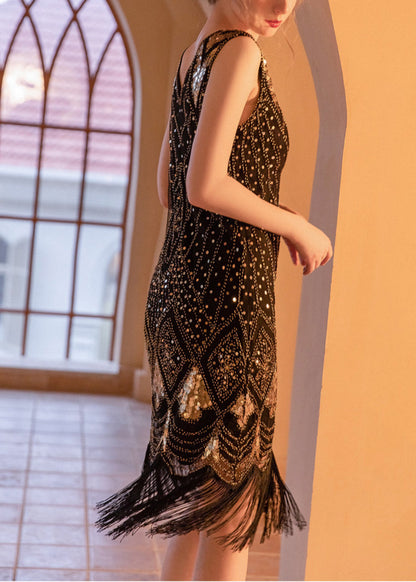 Black Tasseled Lace Mini Dress Sleeveless
