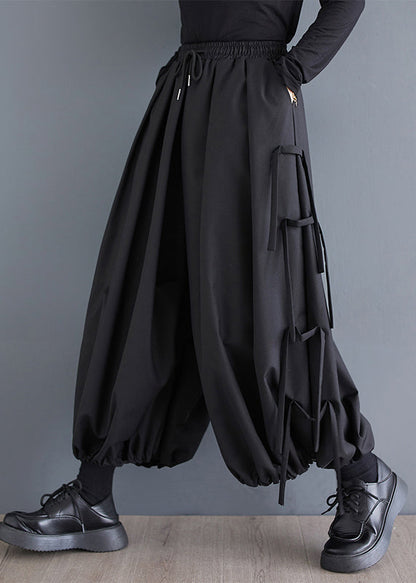 Black Tasseled Oversized Cotton Harem Pants Spring