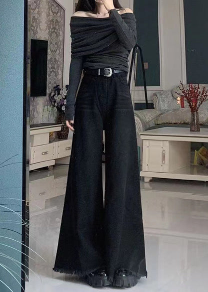 Black Tasseled Pockets Denim Wide Leg Pants Spring