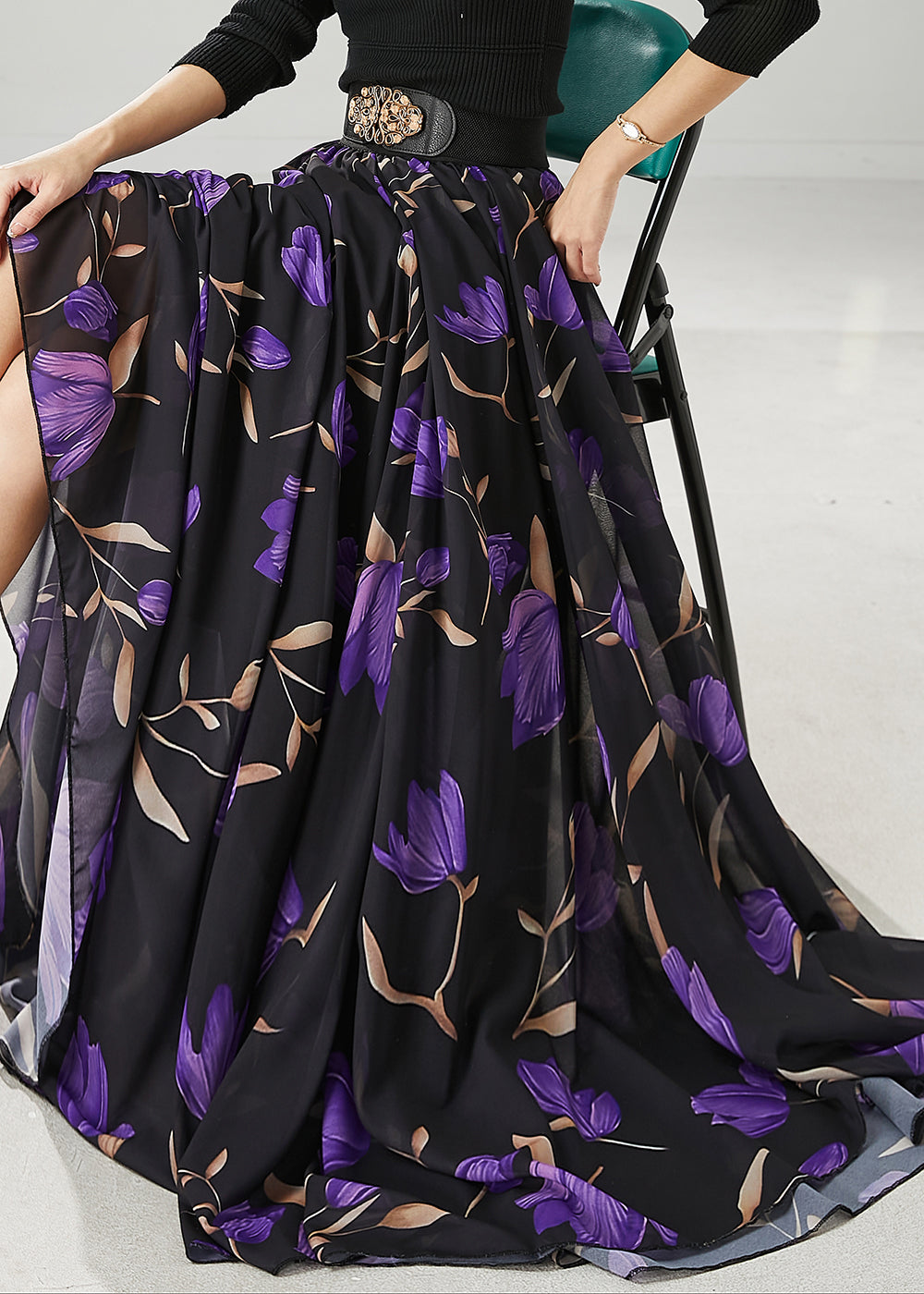 Black Tulip Print Exra Large Hem Chiffon Skirt Spring