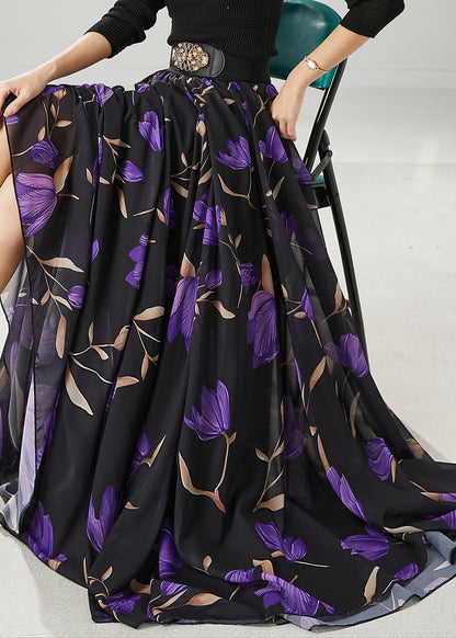 Black Tulip Print Exra Large Hem Chiffon Skirt Spring