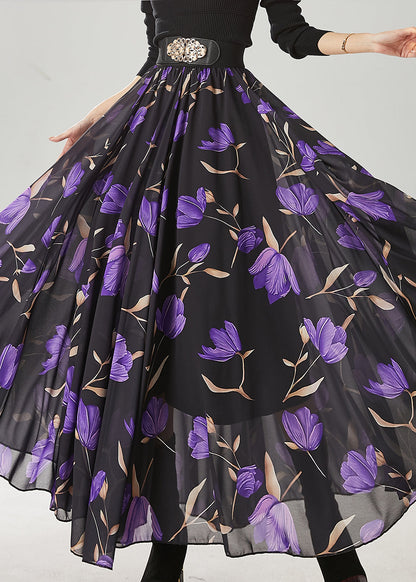 Black Tulip Print Exra Large Hem Chiffon Skirt Spring
