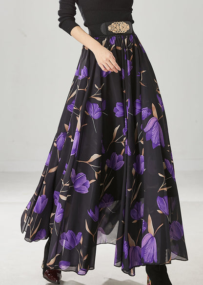 Black Tulip Print Exra Large Hem Chiffon Skirt Spring