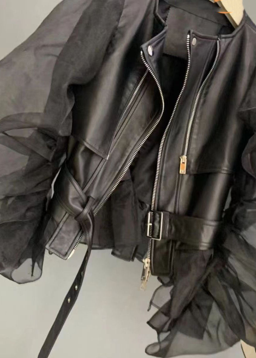 Black Tulle Puff Sleeve Zippered Patchwork Faux Leather Jackets