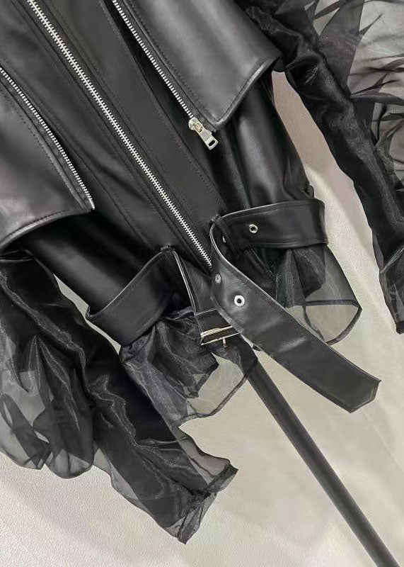 Black Tulle Puff Sleeve Zippered Patchwork Faux Leather Jackets