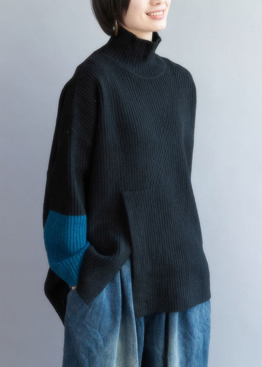 Black Turtle Neck Patchwork Side Open Lazy Knit Sweaters Winter