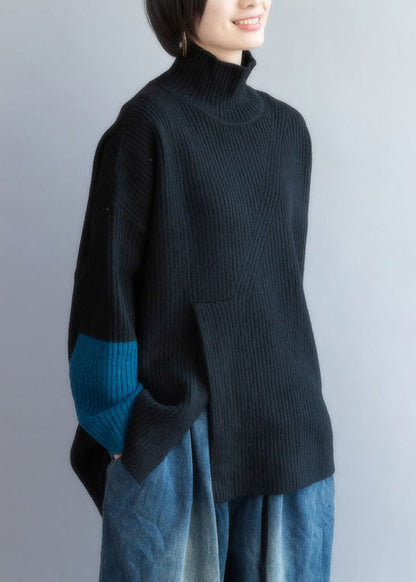 Black Turtle Neck Patchwork Side Open Lazy Knit Sweaters Winter