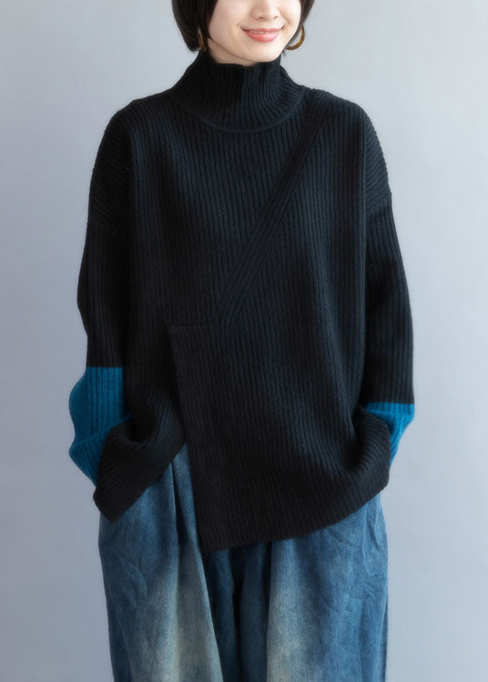 Black Turtle Neck Patchwork Side Open Lazy Knit Sweaters Winter