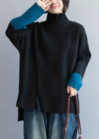 Black Turtle Neck Patchwork Side Open Lazy Knit Sweaters Winter