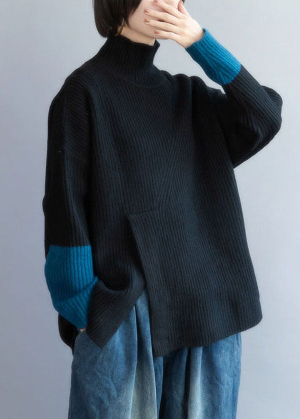 Black Turtle Neck Patchwork Side Open Lazy Knit Sweaters Winter