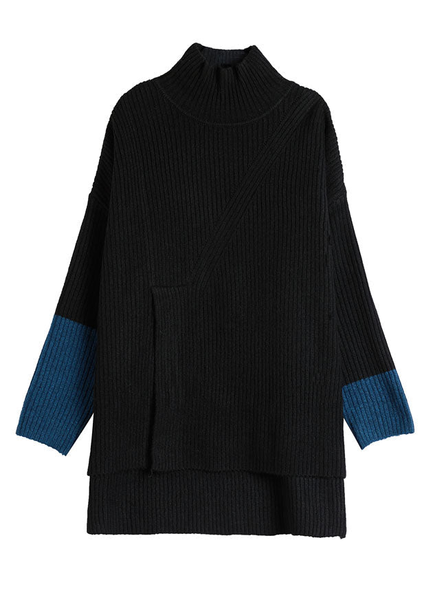 Black Turtle Neck Patchwork Side Open Lazy Knit Sweaters Winter