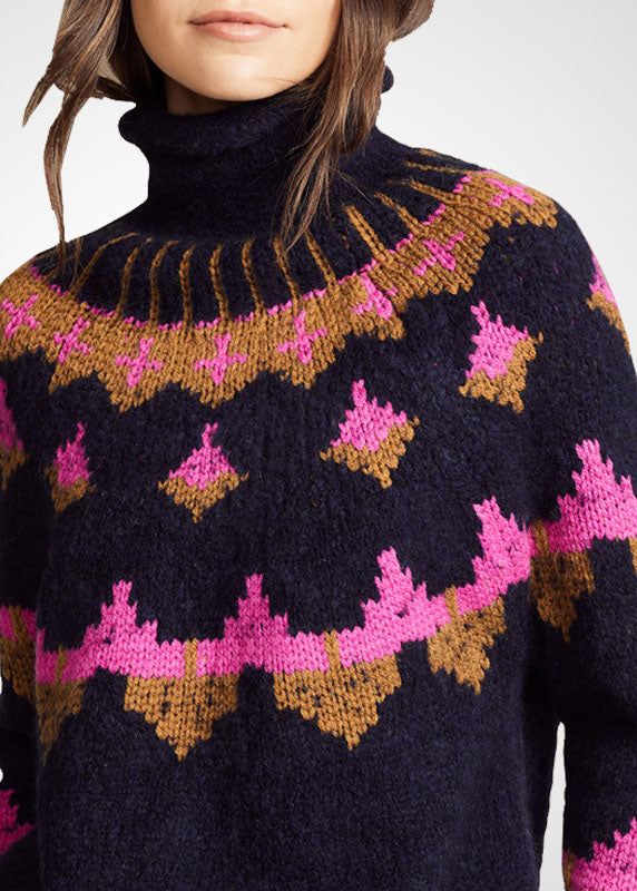 Black Turtle Neck Print Wool Knit Sweater Tops Winter