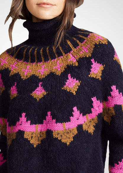 Black Turtle Neck Print Wool Knit Sweater Tops Winter