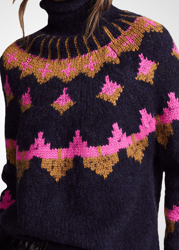 Black Turtle Neck Print Wool Knit Sweater Tops Winter