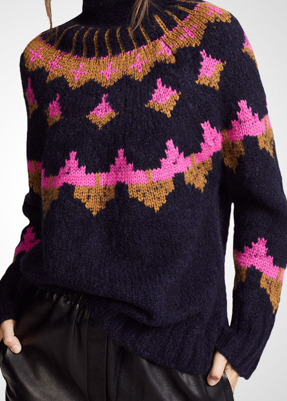 Black Turtle Neck Print Wool Knit Sweater Tops Winter